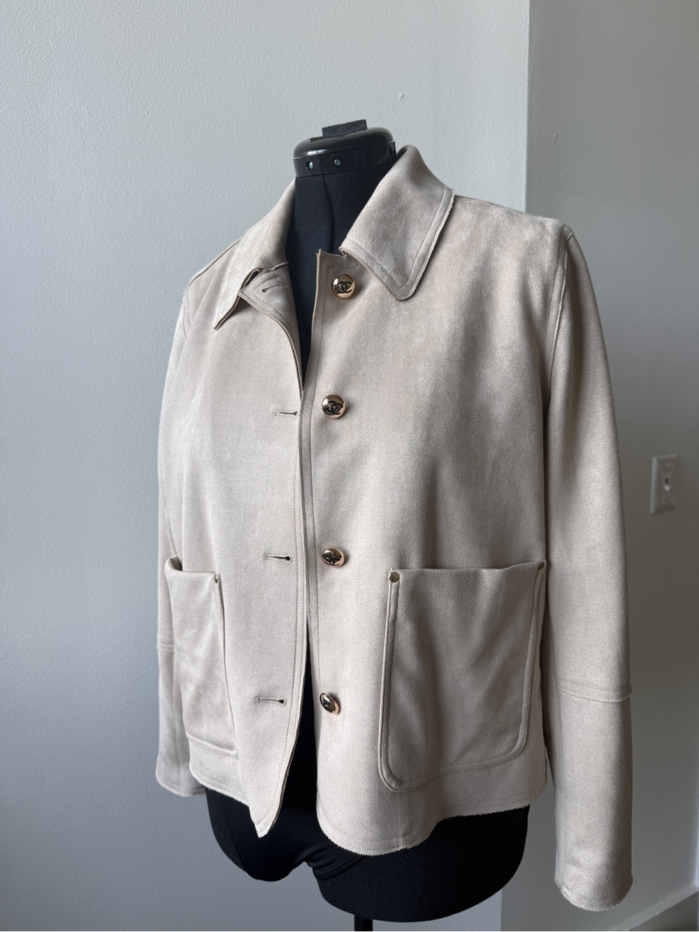 Chanel buttons on Women's Cream Suede Button-Front Jacket